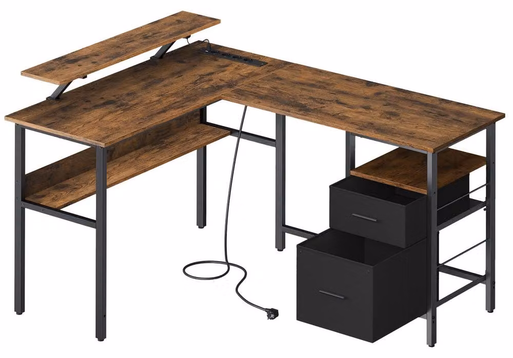 Scrivania angolare a forma di L con presa di corrente integrata e supporto per monitor | Marrone | 150x120x76 cm
