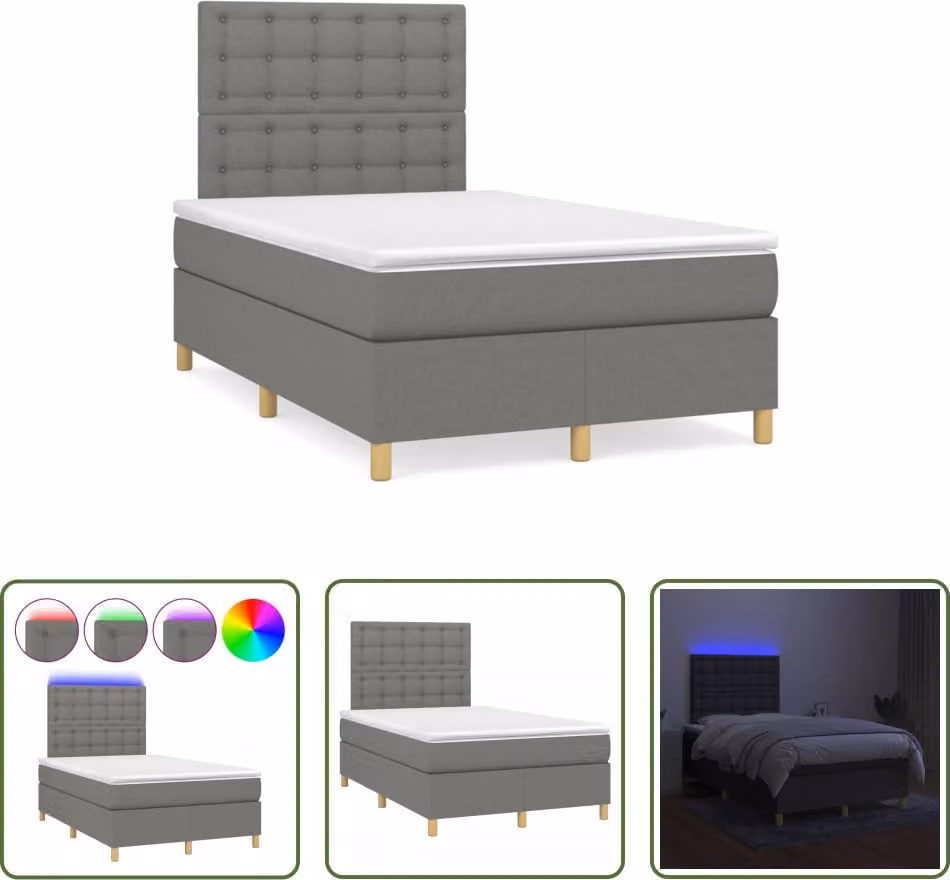 The Living Store Letto a molle con materasso e LED in tessuto grigio scuro 120x190 cm