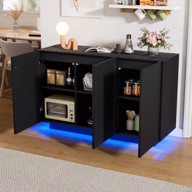 Credenza con LED Bluetooth a 6 vani in MDF nero con piano effetto marmo e ante senza maniglie 120 × 40 × 75 cm