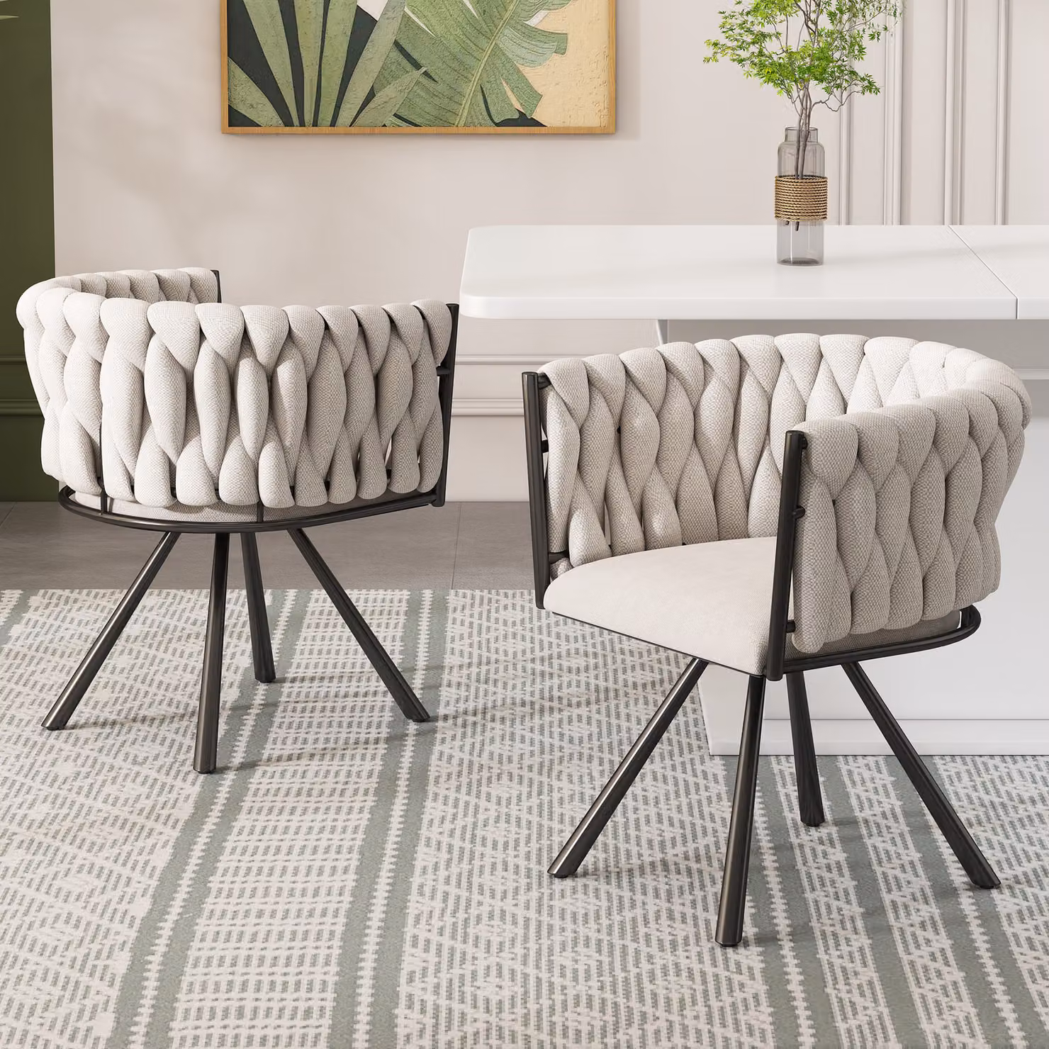 Flieks sedia da sala da pranzo sedia imbottita a 2 posti girevole a 360°, sedia da cucina sedia da trucco con rivestimento in lino, sedia da soggiorno con braccioli e gambe in acciaio, beige