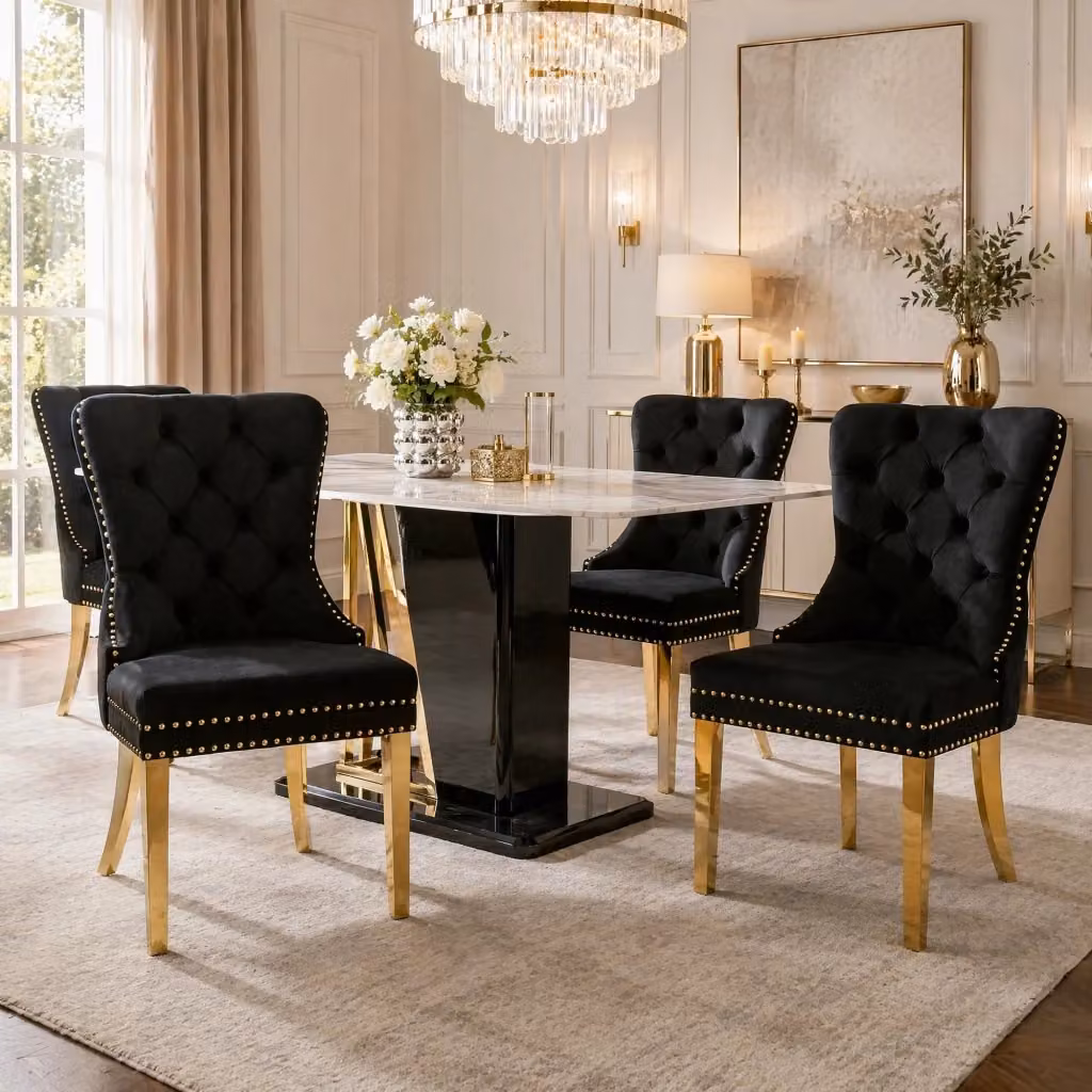 Sedia da pranzo MIVRAY in velluto nero con gambe in metallo dorato e anello decorativo posteriore – 2