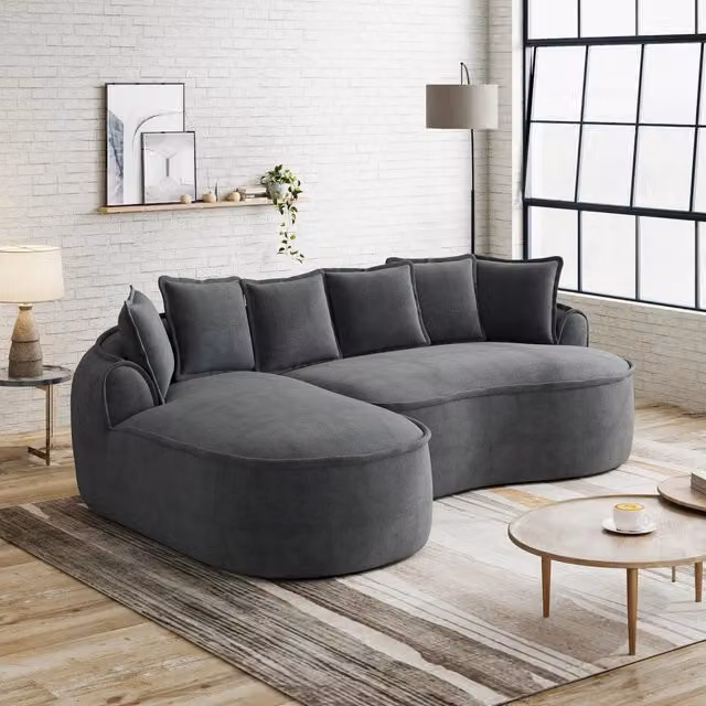 Divano Angolare Modulare con Chaise Longue ¨C MINIMAL ¨C Tessuto Chenille Grigio, Cuscini, Braccioli Larghi