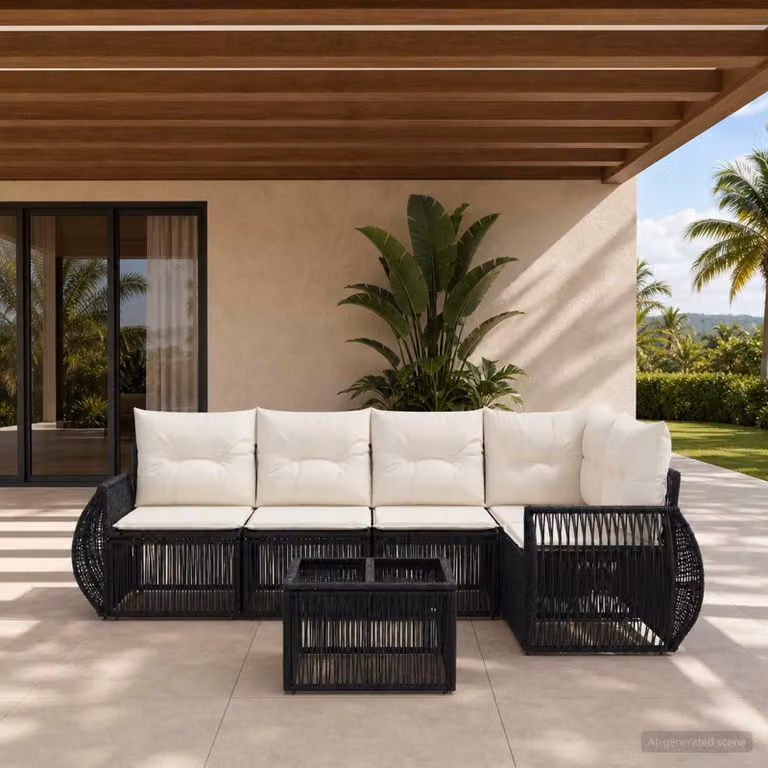Set Divano da Giardino vidaXL 6 Pezzi Moderno a Forma di L con Tavolino, Colore Nero e Bianco Crema, Struttura in Metallo e Polyrattan con Cuscini Inclusi