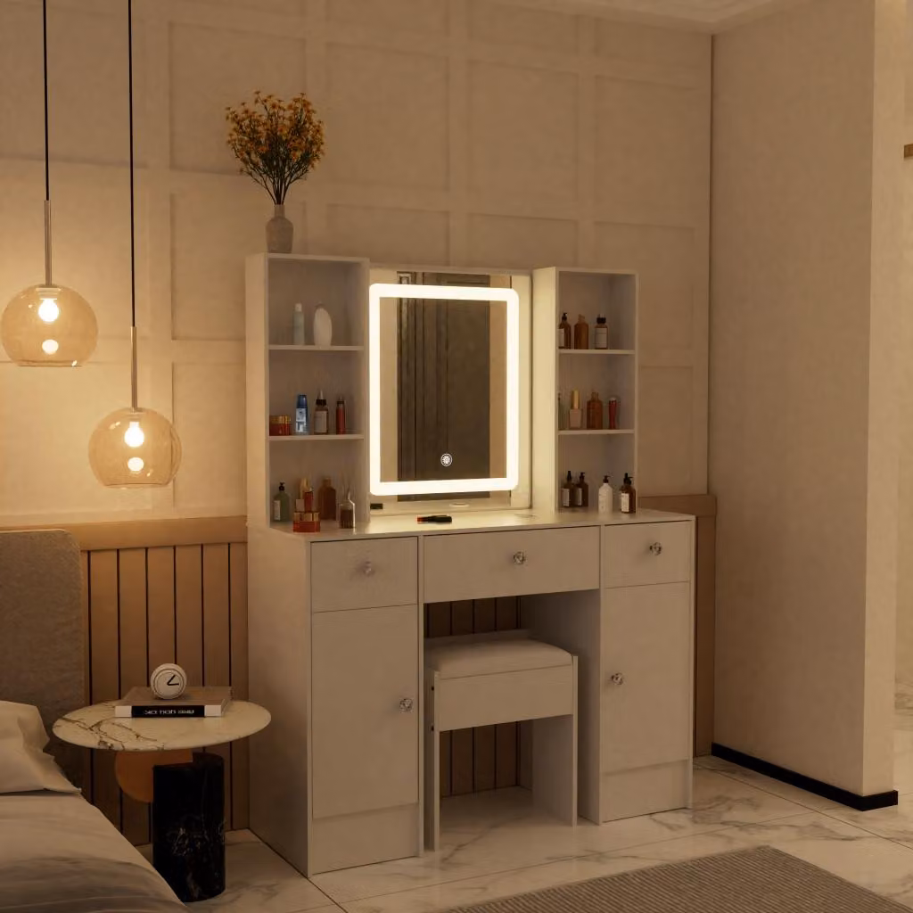Set da trucco - Bianco - 140x100x40 cm - Struttura in MDF con piano in vetro - Include specchio con illuminazione LED e sgabello