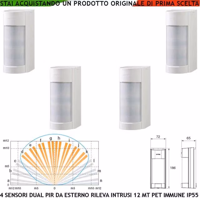 Securvera Sensore di Movimento Grandangolo con 4 Infrarossi Dual PIR VXI per Esterno, Bianco, Portata 12 MT Regolabile, IP55