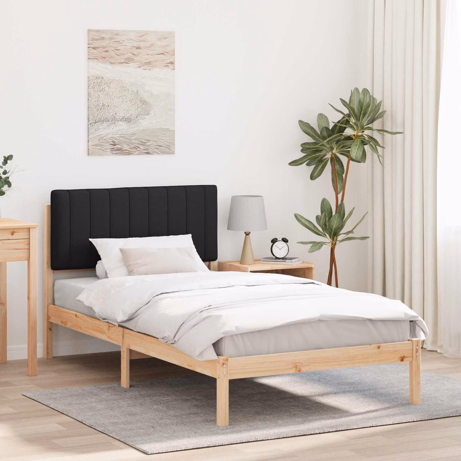 Letto con Testiera Rivestita in Tessuto e Pino Massello vidaXL Nero L/P/H: 100 x 200 x 84,5 cm – 1