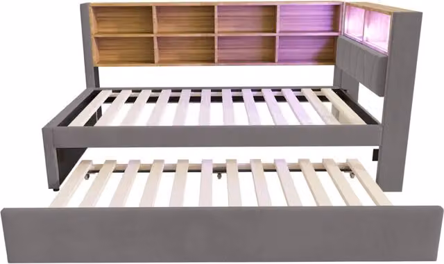 Divano letto multifunzione 90x200 cm con letto estraibile 90x190 cm, illuminazione LED, prese e ampi vani contenitori, rivestimento in flanella grigio scuro