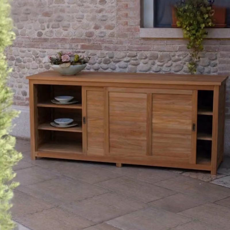Mobile da giardino Cosma in teak e metallo marrone con ante scorrevoli L: 200 cm, P: 60 cm, H: 90 cm – 2