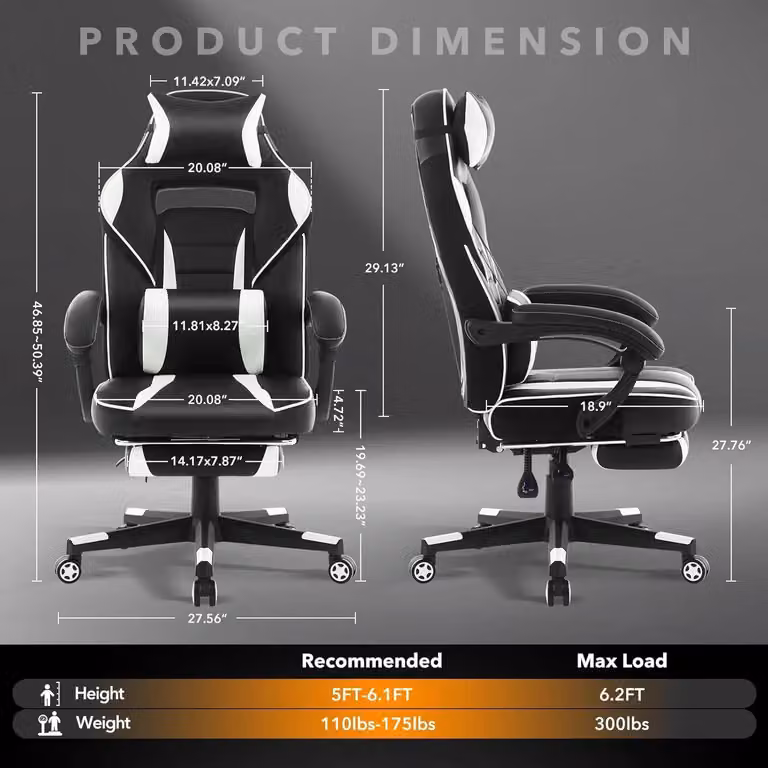 Sedia da gaming - Sedia da ufficio ergonomica - Regolabile in altezza - Poggiapiedi estraibile - Supporto lombare - Poggiatesta - Rotazione a 360° - Colore: nero e bianco