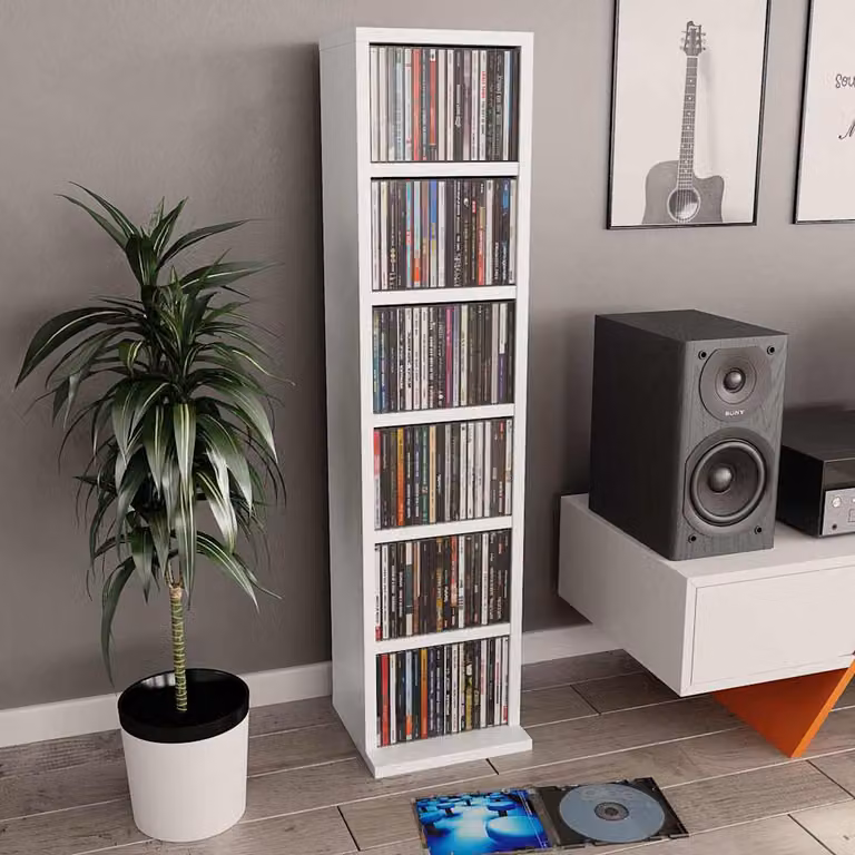 vidaXL Mobile Porta CD Bianco in Legno, L/P/H: 21 x 6 x 88 cm