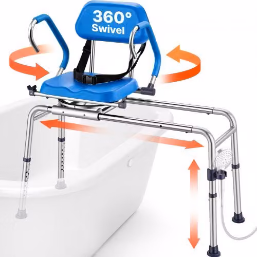 Sgabello Scorrevole per Vasca da Bagno VEVOR Blu con Braccioli e Schienale Ribaltabile, Sedile Girevole per Anziani con Altezza Regolabile, H: 104 cm, L: 55 cm, P: 55 cm