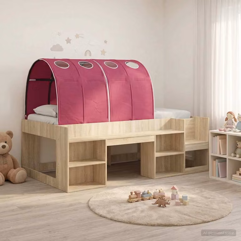 Letto per bambini vidaXL con tunnel e scaffale, Rovere e Rosso, L: 203 cm, P: 120 cm, H: 108,5 cm