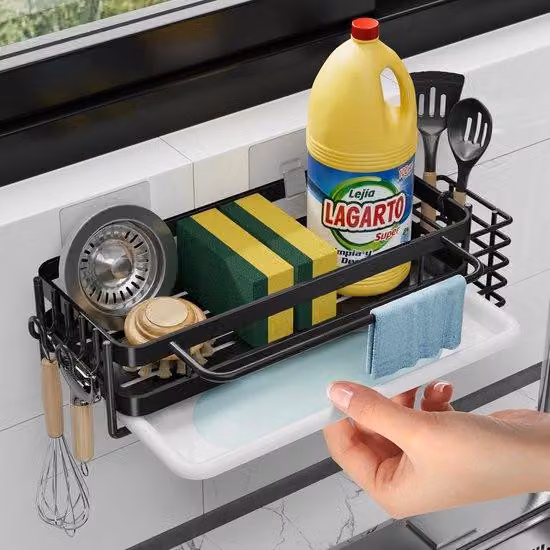 Organizer per lavello da cucina con supporto per bacinella di scarico, per cucina e bagno, con portaspugna per strofinacci e supporto a muro per bacinella di scarico