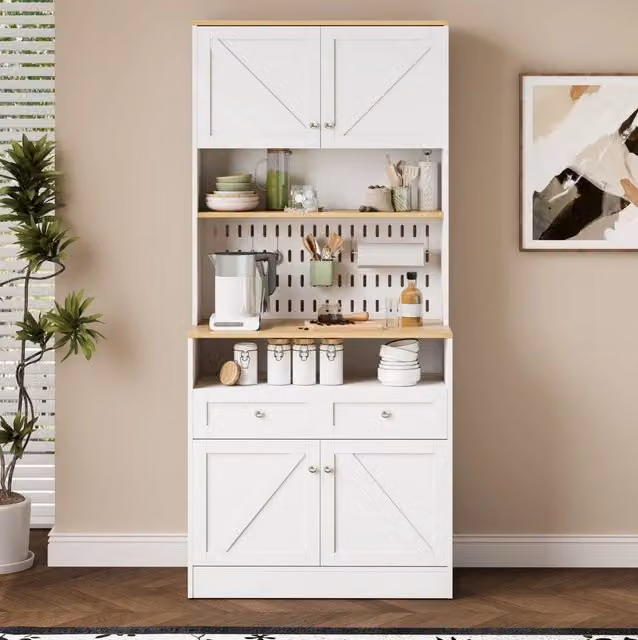 Credenza da cucina con ante stile fienile; pannello forato e cassetti; 80x40x175 cm; bianco e naturale
