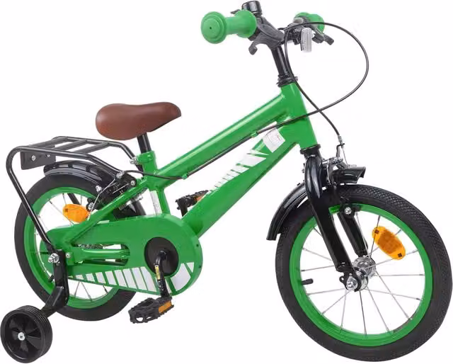 Bicicletta per bambini da 14 pollici verde con struttura in metallo e pneumatici in gomma