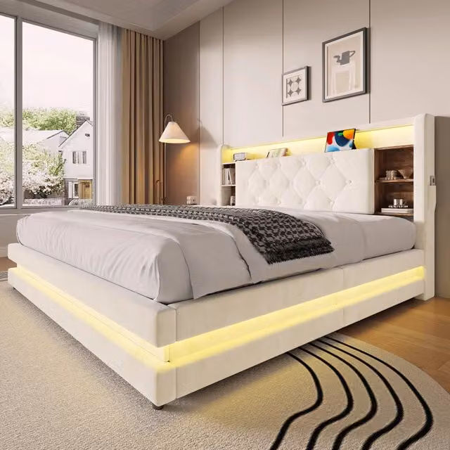 Letto contenitore imbottito 140x200 cm; sollevamento idraulico; testiera con ripiani; LED; 2 USB/Type-C; rete a doghe; velluto; beige