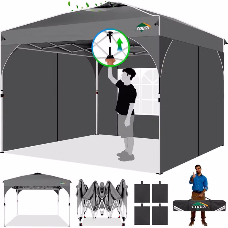 Tenda da giardino 3x3 metri, impermeabile, stabile, resistente alle intemperie invernali, con 3 pannelli laterali grigi, tenda pop-up per feste