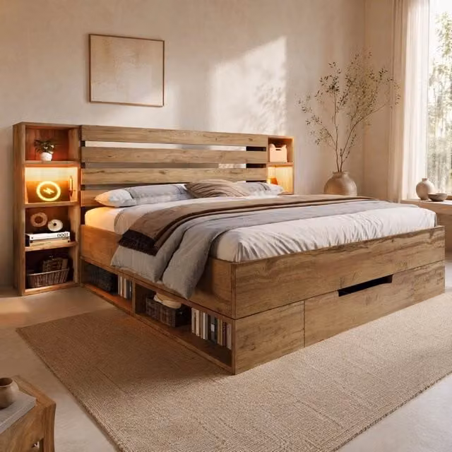 Letto Matrimoniale in Legno Massello 180x200 cm con Contenitore, Illuminazione LED e Porta USB-C, Testiera con Mensole e Cassetti in Rovere (Senza Materasso)