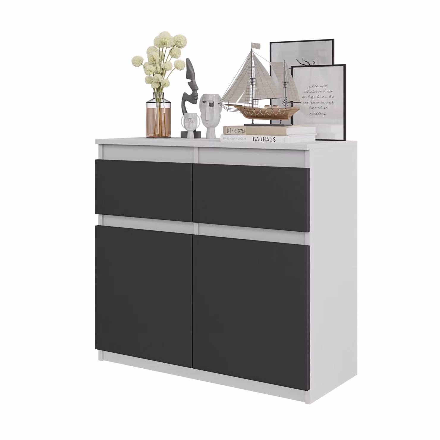 FURNICA - NOAH - Cassettiera / credenza con 2 cassetti e 2 ante - bianco opaco / grigio antracite H75cm L80cm P35cm