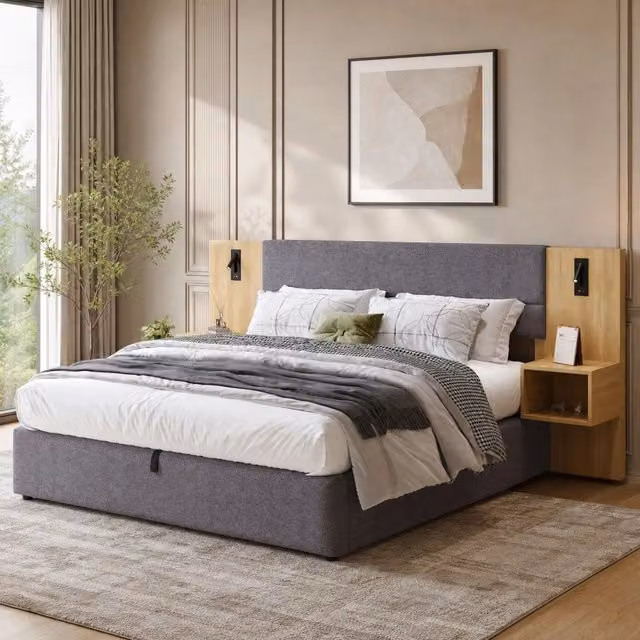 Letto contenitore Mivray con sollevamento idraulico, illuminazione LED, porte USB e due comodini in velluto grigio, L/P: 160 x 200 cm