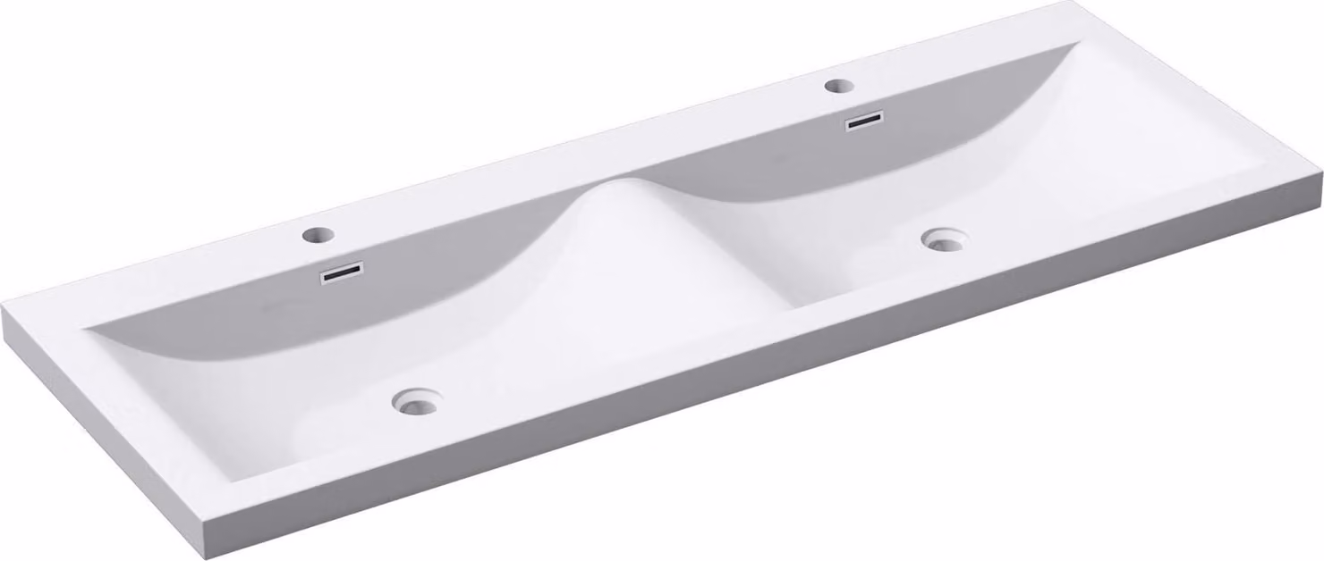 doporro Lavabo da Incasso 144 cm Doppia Vasca in Marmoresina Bianco Lucido, Lavabo Bagno Integrale Soprapiano con 2 Fori Rubinetto e Troppopieno Colossum03
