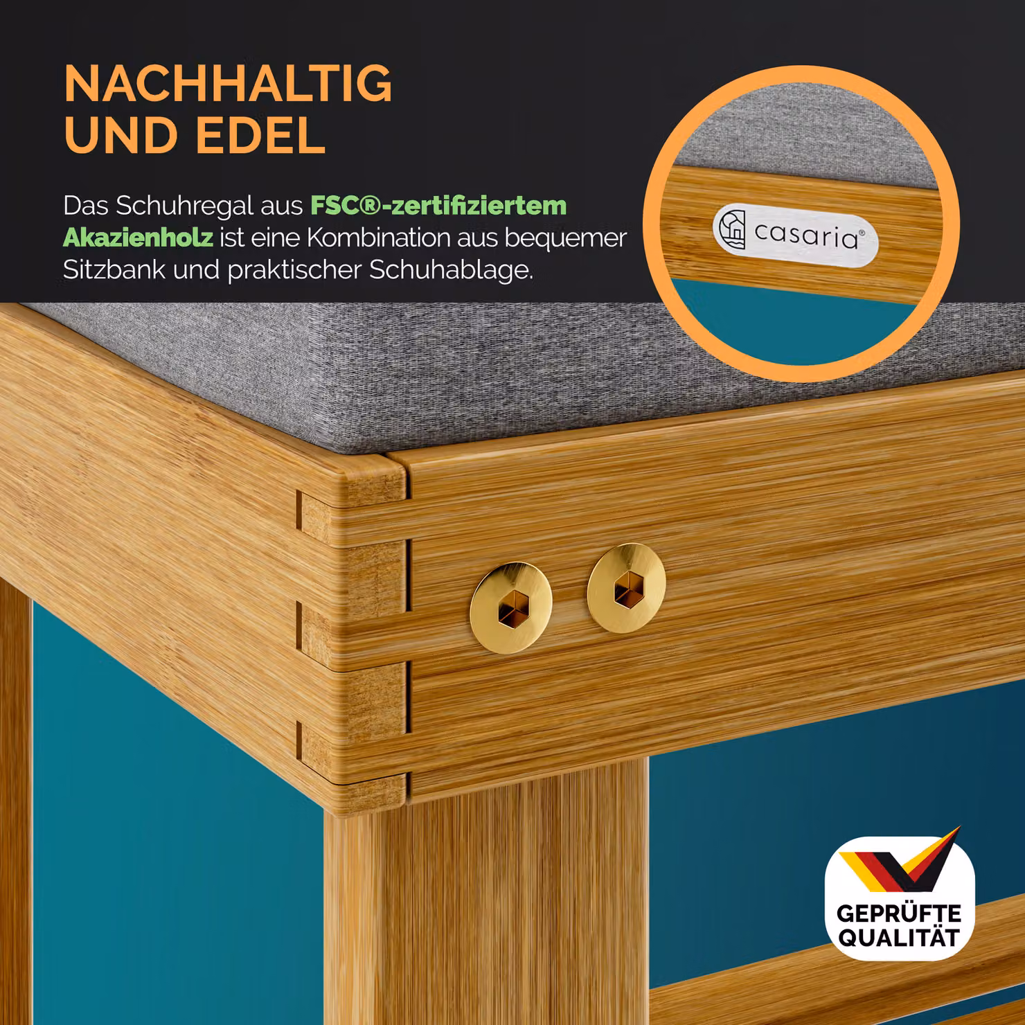 Panchina porta scarpe Casaria in legno di acacia certificato FSC colore marrone L 90 cm x P 30 cm x H 48 cm – 2