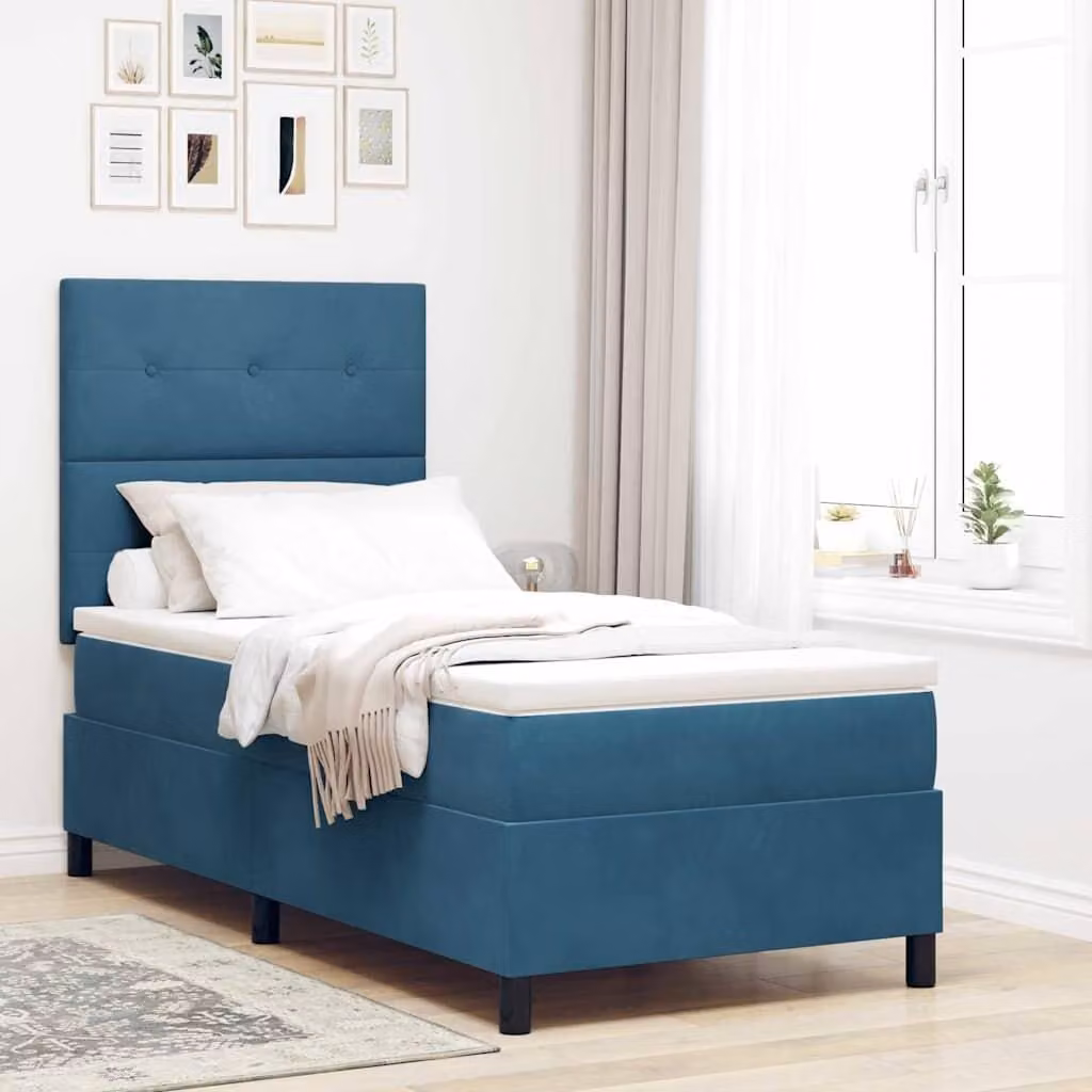 Letto a Sorgente LED Blu Scuro 100 x 200 cm Velluto