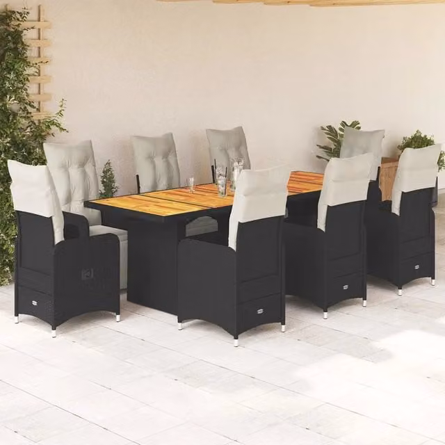 Set Bistrò da Giardino vidaXL in Polyrattan e Legno di Acacia con Cuscini, 9 Pezzi, Nero e Bianco