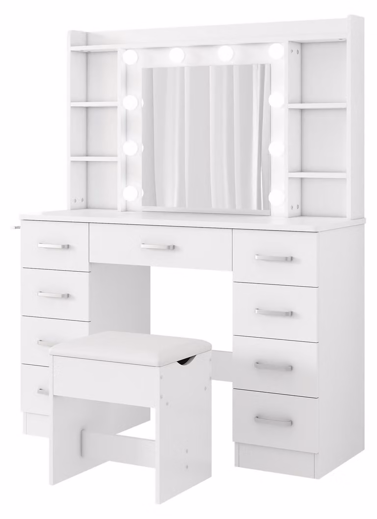 ZELURXX Tavolo da trucco bianco 110×40×145 cm con specchio LED 10 luci USB incl. sgabello Supporto per asciugacapelli Estrazione in metallo