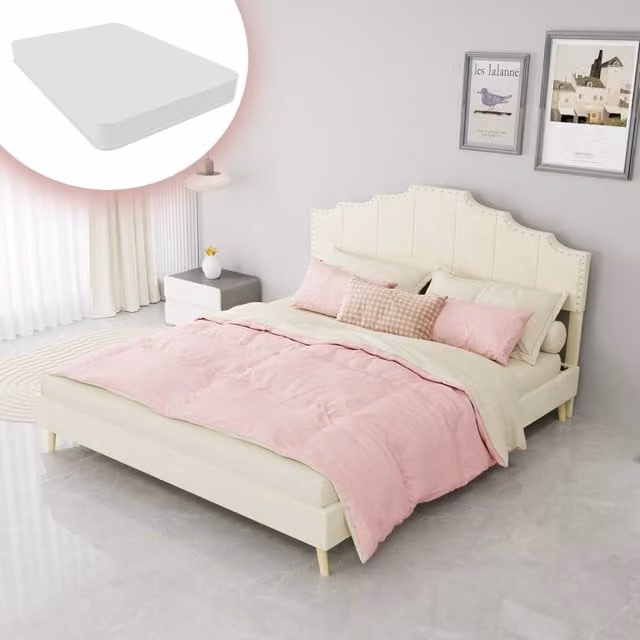 Letto matrimoniale 160x200 cm con testiera geometrica in tessuto beige e materasso incluso
