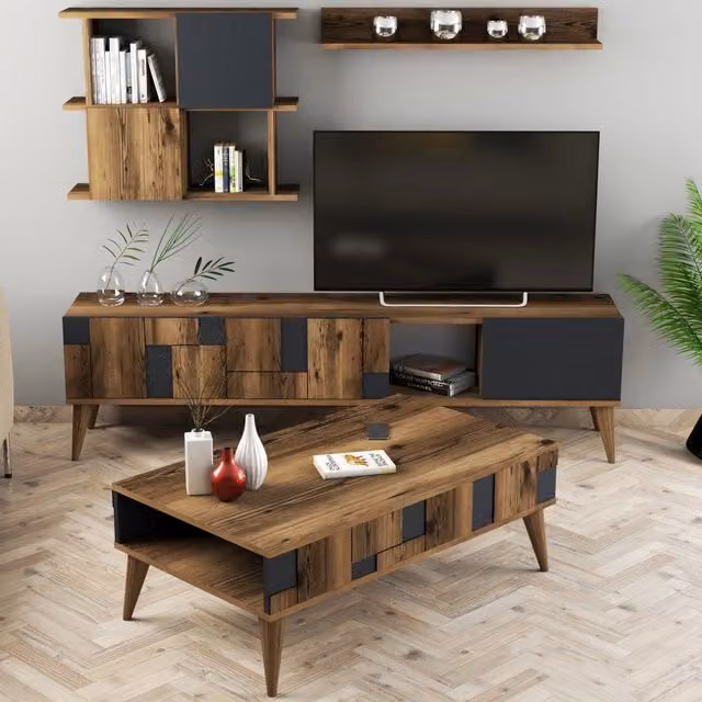 Segrate, set Mobili da Soggiorno Modulabile, Marrone Noce