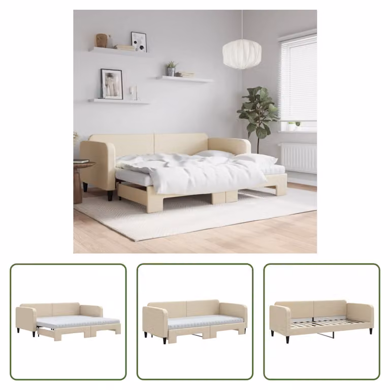 The Living Store Lettino allungabile con materassi panna 90x200 cm in tessuto
