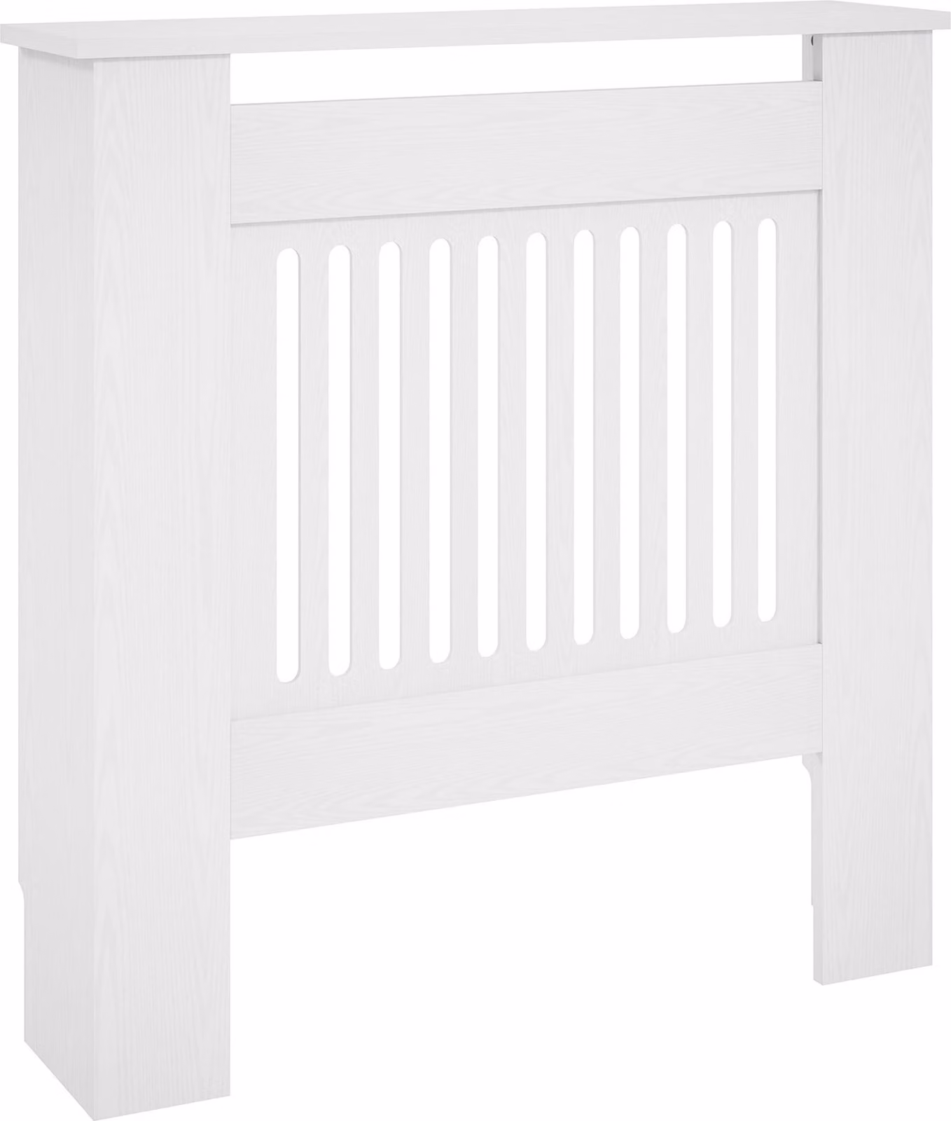 Copertura per termosifoni Moonbite con lamelle orizzontali, dotata di ripiano superiore e sistema di sicurezza anticaduta, larghezza regolabile, realizzata in pannello MDF, colore bianco