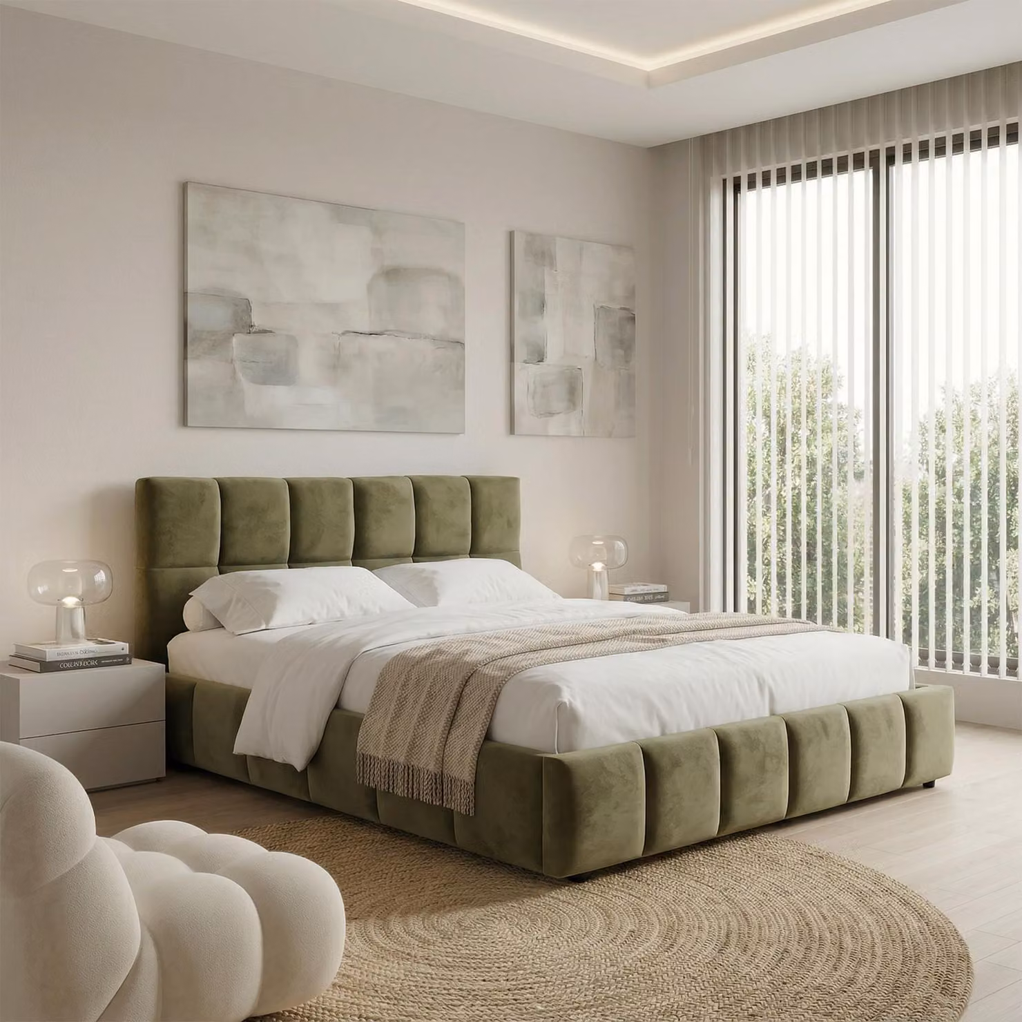 Letto imbottito EMILIA 140x200 cm, verde - Letto con rete a doghe, struttura con testiera imbottita, rivestimento in tessuto con moderna trapuntatura, design moderno e struttura robusta