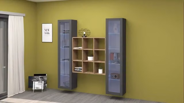 Parete attrezzata soggiorno antracite 2 vetrine libreria in legno moderna Vila RT