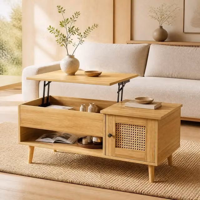 Tavolino da salotto ULEVR 103x50 cm con piano sollevabile e ante effetto rattan, legno e nero