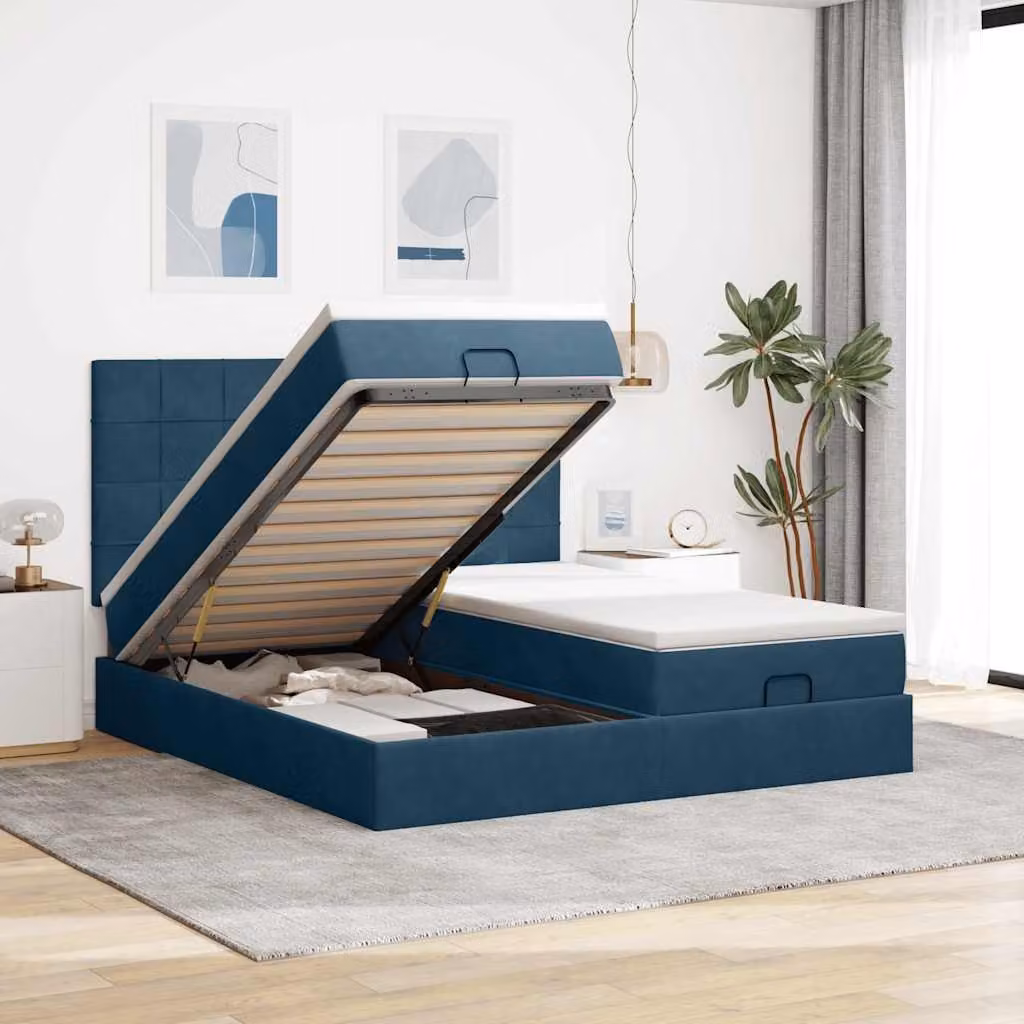vidaXL Pouf Letto con Materasso in Velluto Blu Scuro con Illuminazione LED e Porte USB L/P/H: 200 x 200 x 128 cm