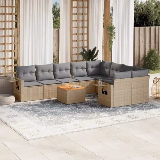 Set Divano da Giardino Moderno VIDAXL in Polyrattan Beige con 10 Pezzi e Cuscini