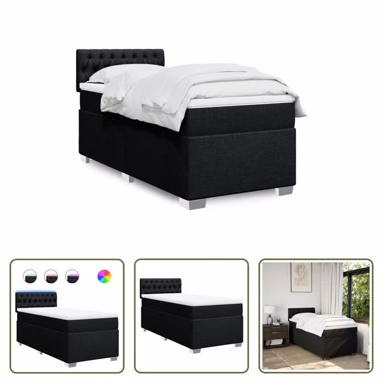 The Living Store Letto a molle con materasso nero 90x190 cm in tessuto