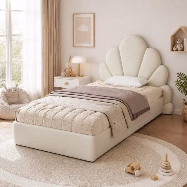 Letto singolo 90x200 cm beige in velluto - testiera a petali e rete a doghe