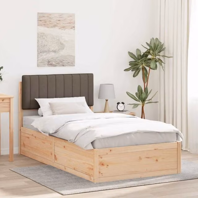 Letto con Testiera Rivestita in Tessuto vidaXL in Pino Massello, Colore Beige e Marrone, L/P: 100 x 200 cm