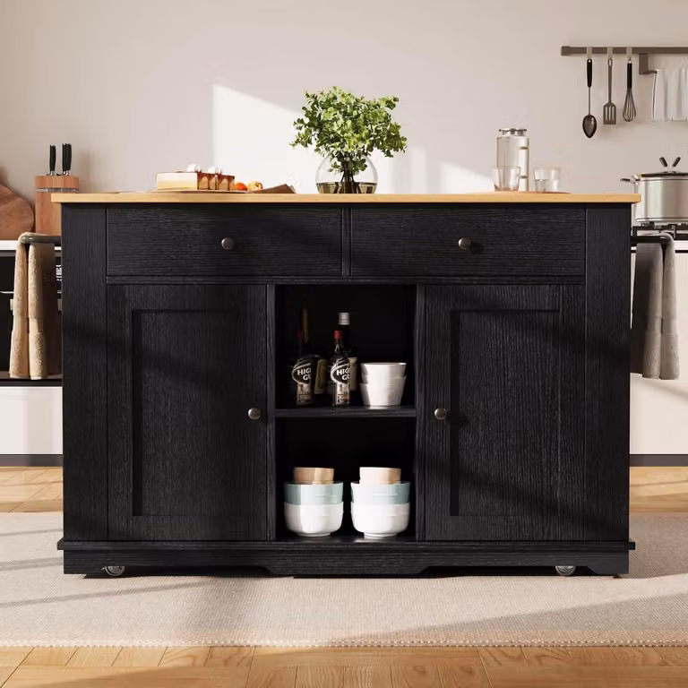 Isola da cucina con presa multipla e piano di lavoro pieghevole, colore nero, dimensioni 151,5 x 91,7 cm