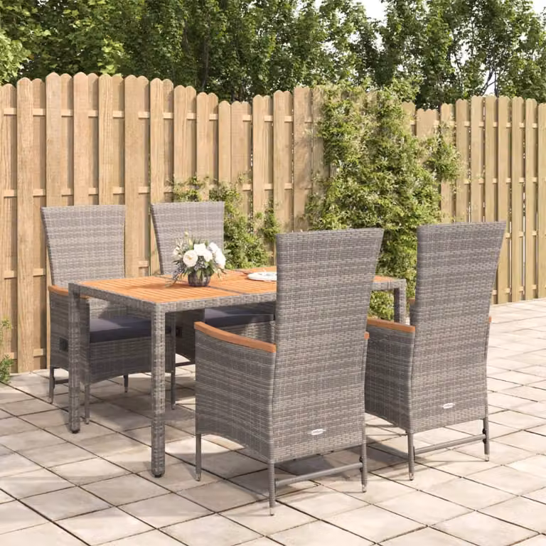 Set da pranzo da giardino vidaXL in polyrattan e legno di acacia grigio con 5 pezzi e cuscini