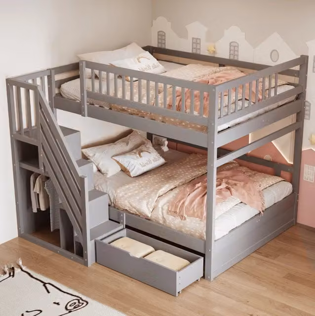 Letto a castello 140x200 cm in legno massello grigio con scale contenitore e cassetti