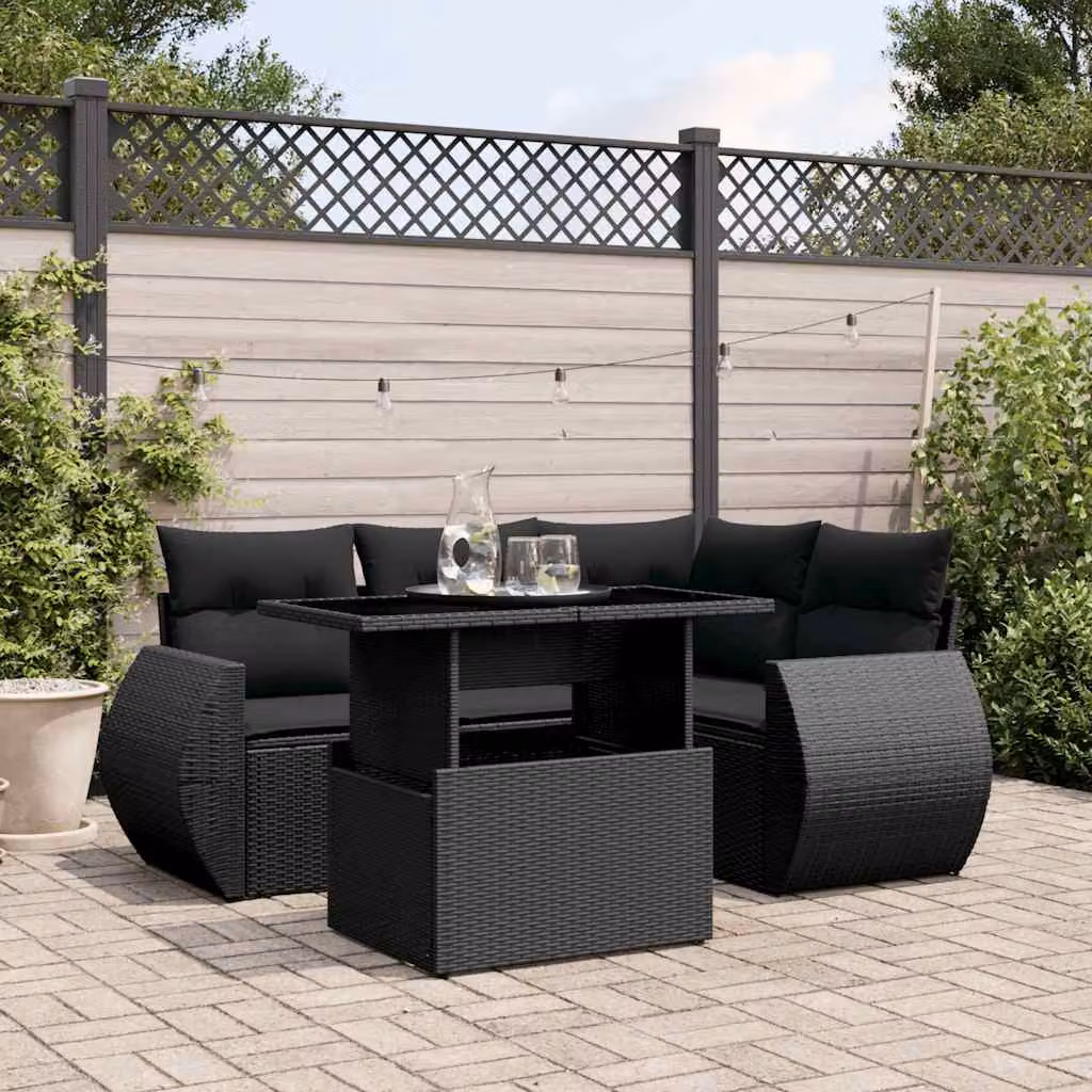 vidaXL Set Divani da Giardino 5 pz a Forma a L in Polyrattan Nero con Cuscini e Tavolino – 1