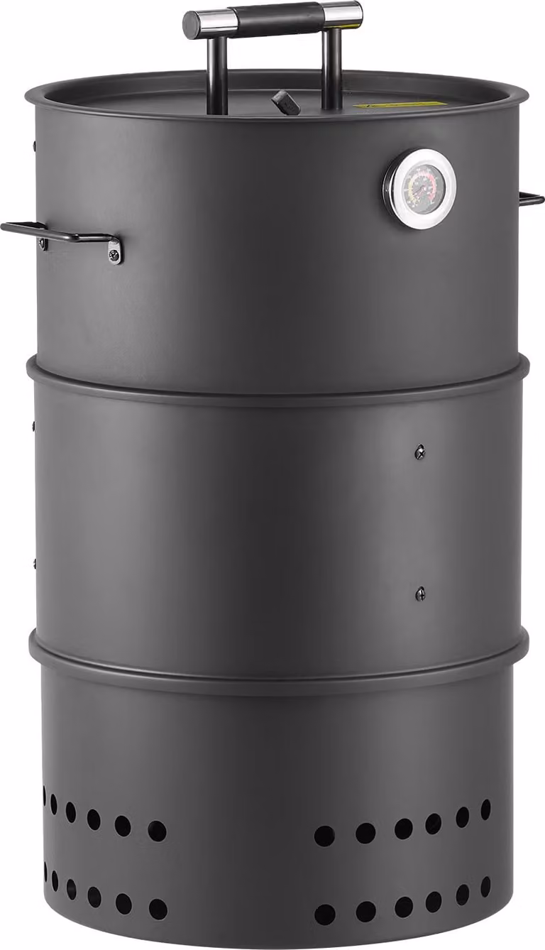 SucceBuy Forno affumicatore 470 mm, griglia a carbonella, BBQ smoker, barile per barbecue in acciaio rivestito con 2 griglie, 1 barra di sospensione, 6 ganci e termometro, perfetto per feste, giardino e terrazzo