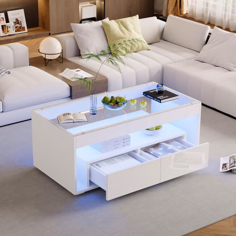 Tavolino Merax con illuminazione LED, tavolino da divano lucido con piano in vetro e 2 cassetti, design a doppio strato, portata 60 kg, bianco