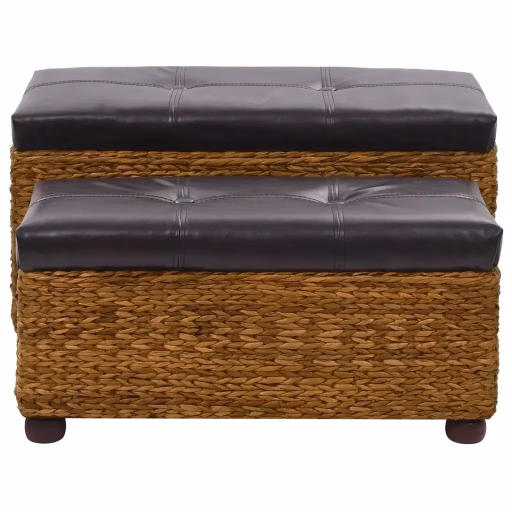 Set di 2 panche in stile rustico con struttura in legno di pino e seduta in rattan color marrone e nero, ideale per l'ingresso o il corridoio – 2