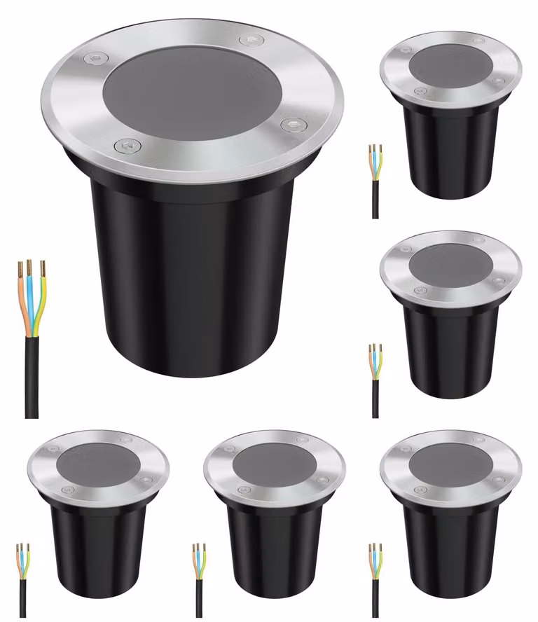 6 faretti da incasso a pavimento BOLI, grado di protezione IP67, acciaio inossidabile, forma rotonda, diametro 108 mm, attacco GU10