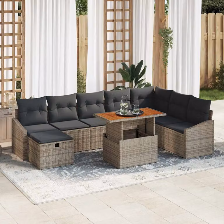 Set Divano da Giardino vidaXL 9 Pezzi in Polyrattan Grigio con Cuscini e Tavolino
